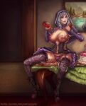  1girl alluring big_breasts breasts corset drill_hair fishnet_legwear fishnets flower food garter_belt garters hair_flower hair_ornament high_heels hood licking_lips lolita_fashion looking_at_viewer messy nail_polish nipples panties project_soul purple_panties red_eyes sitting smile soul_calibur soul_calibur_v spread_legs stockings table tongue tongue_out underwear vempire viola_(soul_calibur) viola_(soulcalibur) white_hair 