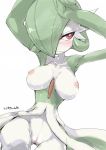 1girl ario armpits arms_up blush breasts frown furry gardevoir green_hair large_breasts nipples no_humans open_clothes open_shirt pink_eyes pokemon pussy red_eyes shirt simple_background solo sweat translation_request uncensored white_background