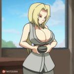 blonde_hair bouncing_breasts female_only gif huge_breasts looking_at_viewer mature_female milf naruto naruto_(series) no_bra open_clothes presenting_breasts tsunade uncensored