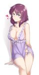 1_girl 1girl blush breasts cleavage collarbone female female_only frills hair_between_eyes henrietta_de_tristain lingerie looking_at_viewer mostly_nude negligee purple_hair ribbon royalty short_hair simple_background smile solo underwear zero_no_tsukaima