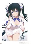  1girl black_hair blue_eyes blue_ribbon breasts cleavage cleavage_cutout dress dungeon_ni_deai_wo_motomeru_no_wa_machigatteiru_darou_ka gloves hestia_(danmachi) large_breasts long_hair looking_at_viewer ogipote rei_no_himo ribbon short_dress simple_background thighs twintails white_background white_dress white_gloves 