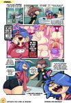 1girl 2_girls bandage black_shirt blue_hair braces clothing comic dat_ass dumfer gerph girl_sandwich hair_ribbon hoodie huge_breasts incest multicolored_hair one_eye_covered sharp_teeth short_shorts skarp_world skarpne socks speech_bubble undressing yuri