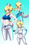 ! 1girl alluring big_breasts biker_clothes bikesuit blonde_hair blue_eyes blush bodysuit cleavage closed_eyes covered_navel dress dressing hair_over_one_eye hand_on_own_hip high_res irohazakayouth legs long_hair mario_(series) navel nintendo open_mouth panties princess_rosalina rosalina sports_bra super_mario_bros. surprised thighs tongue underwear