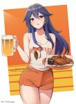 1girl 1girl 1girls absurd_res alcohol alluring alternate_costume bare_legs beer_mug blue_eyes blue_hair blush clothes_writing commission cup employee_uniform female_only fire_emblem fire_emblem_awakening high_res hooters long_hair lucina lucina_(fire_emblem) mug namu_(112namu) nintendo no_legwear open_mouth pixiv_commission short_shorts shorts small_breasts symbol-shaped_pupils tank_top thighs tiara uniform waitress