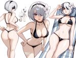 1girl 2b_(nier:automata) 9s_(nier:automata) alluring ass back bare_shoulders bikini black_bikini black_blindfold black_hairband blindfold blushyspicy cleavage hairband looking_back median_furrow mole nier:automata nier_(series) short_hair speech_bubble square_enix swimsuit thong thong_bikini white_hair yorha_2b yorha_no._2_type_b