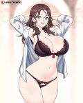 1girl 1girl :d alluring arms_behind_head arms_up big_breasts black_bra black_panties bra brown_hair cleavage curvy dorothea_arnault earrings fire_emblem fire_emblem:_three_houses green_eyes high_res jarckius jewelry lingerie long_hair looking_at_viewer navel nintendo open_clothes open_mouth open_shirt panties shirt smile stomach underwear wavy_hair white_shirt wide_hips