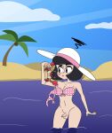 1futa 1girl assisted_exposure balls bangs beach big_breasts bikini black_hair breasts clothed clothing crab erection futa_only futanari human light-skinned_futanari light_skin mostly_nude penis short_hair small_penis standing strawberriexe tiffany_(strawberriexe) uncut water