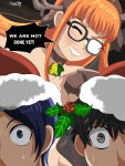 amamiya_ren artist_name artist_signature choker christmas christmas_2024 christmas_bell closed_eyes eyes_wide_open futaba_sakura glasses glint gloves imminent_sex karbuitt kitagawa_yusuke megami_tensei mistletoe nervous_expression nervous_sweat persona persona_5 reindeer_antlers ren_amamiya sakura_futaba santa_hat speech_bubble stockings stockings yusuke_kitagawa