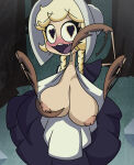 1girl absurd_res animal_humanoid arachnid arachnid_humanoid arthropod arthropod_humanoid big_breasts blonde_hair blush bodily_fluids bonnet breasts cliffside_(series) clothing cordie_(cliffside) dr._pizza_boi dress drooling fangs hair headgear headwear heart_symbol high_res humanoid inkershike nipples saliva spider_humanoid teeth