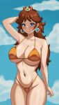 1girl alluring arm_behind_head arm_up big_breasts bikini brokencog brown_hair cleavage cogbrony confident female_only long_hair mario_(series) navel nintendo orange_bikini outside pin_up pose posing princess_daisy sensual smile solo_female thong_bikini voluptuous