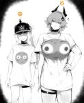 2_girls ? absurd_res anger_vein bad_twitter_id big_breasts breast_conscious breasts caesar_king_(zenless_zone_zero) choker commentary emoji greyscale hair_intakes high_res horns long_hair luciana_de_montefio masoq095 meme monochrome multiple_girls shirt side_ponytail small_breasts symbol-only_commentary thigh_strap zenless_zone_zero