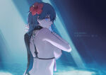 1girl 1girl alluring back bikini black_bikini blue_hair byleth_(fire_emblem) byleth_(fire_emblem)_(female) byleth_(summer)_(fire_emblem)_(female) fire_emblem fire_emblem:_three_houses flower hair_ornament hibiscus l0gman looking_at_viewer medium_breasts nintendo sideboob swimsuit teal_hair upper_body