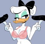 1girl 2020 absurd_res accessory anatid anseriform anthro avian beak bird bow_(feature) bow_accessory bow_ribbon bra breasts centered_hair_bow cleavage clothed clothing daisy_duck disembodied_penis disney dr._pizza_boi duck ducktales ducktales_(2017) eyeshadow feathers genitals group hair hair_accessory hair_bow hair_ribbon high_res human inkershike interspecies looking_at_genitalia looking_at_penis makeup male male/female mammal nipples non-mammal_breasts penis ribbons simple_background solo_focus translucent translucent_clothing trio underwear white_body white_feathers white_hair