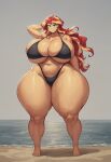 1girl ai_generated beach big_breasts big_breasts big_thighs bikini curvy curvy_figure enormous_breasts green_eyes hands_behind_head hasbro huge_breasts huge_thighs hyper_breasts hyper_thighs large_thighs massive_breasts my_little_pony my_little_pony_equestria_girls orange_body orange_skin red_hair sand sea semi_nude sunset sunset_shimmer thick thick_body thick_breasts thick_thighs thong two_tone_hair wide_hips yellow_hair