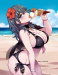 1girl 1girl absurd_res alluring beach big_breasts bikini black_bikini blue_eyes byleth_(fire_emblem) byleth_(fire_emblem)_(female) byleth_(summer)_(fire_emblem)_(female) cleavage fire_emblem fire_emblem:_three_houses fire_emblem_heroes flower food food_on_body food_on_breasts hair_flower hair_ornament hibiscus high_res ice_cream long_hair melting ocean official_alternate_costume outside rein_creamsoda sideboob swimsuit teal_hair