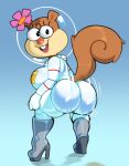 1girl 1girl 1girl anthro ass big_ass big_breasts bouncing_ass breasts bubble_butt clothing crouching diving_suit drysuit female_only heel_boots helmet looking_at_viewer looking_back motion_lines sandy_cheeks smile somescrub spongebob_squarepants squatting squirrel thick_thighs twerking wide_hips