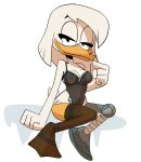 1girl 1girl 2020 absurd_res anatid anseriform anthro avian beak bedroom_eyes bird clothing della_duck disney dr._pizza_boi duck ducktales ducktales_(2017) feathers high_res inkershike leotard lingerie narrowed_eyes nipples non-mammal_nipples prosthetic prosthetic_leg prosthetic_limb seductive simple_background sitting teddy_(clothing) translucent translucent_clothing white_background white_body white_feathers