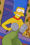 1girl 2d 2d_(artwork) afro black_eyes blue_hair breasts breasts_out_of_clothes breasts_outside cleavage clothing colored_skin covering covering_breasts covering_nipples cup dress embarrassed female_only frying_pan green_dress green_hair grin holding holding_cup huge_breasts jewelry large_breasts looking_at_viewer marge_simpson mug necklace newguy1091 no_bra pearl_necklace pot pots smile smiling_at_viewer strapless teeth the_simpsons thighs topless yellow_body yellow_skin