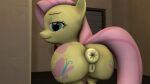 1girl 1girl 3d 3d_(artwork) anus ass ass_shake blue_eyes eyebrows eyelashes female_only fluttershy fluttershy_(mlp) grin looking_at_viewer mlp my_little_pony pink_hair pony ponytail pussy smile smiling_at_viewer tail yellow_skin