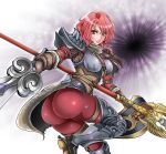 1041 1041_(pixiv) 1041_(toshikazu) 1girl alluring armor ass bandai_namco bent_over buckle clothed dat_ass hildegard_von_krone long_hair looking_back namco namco_bandai polearm project_soul red_hair short_hair soul_calibur soul_calibur_v sword weapon