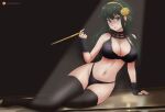 1girl 1girl alluring arm_support artist_name bare_shoulders big_breasts black_bra black_gloves black_hair black_panties black_thighhighs bra brown_eyes cleavage dagger detached_collar earrings fingerless_gloves flower full_body gloves gold_earrings gold_hairband gummslime hair_flower hair_ornament hairband high_res highleg highleg_panties holding holding_dagger holding_knife holding_weapon jewelry knife legs long_hair looking_at_viewer lying milf navel no_shoes on_side panties patreon_logo rose sidelocks spikes spotlight spy_x_family stockings stomach thighs underwear weapon yor_briar yor_forger