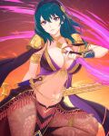 1girl 1girl absurd_res alluring big_breasts blue_eyes byleth_(fire_emblem) byleth_(fire_emblem)_(female) byleth_(jehanna)_(fire_emblem_(female) cleavage dagger fire_emblem fire_emblem:_three_houses fire_emblem_heroes high_res holding holding_knife holding_weapon knife medium_hair navel nintendo official_alternate_costume pantyhose truejekart weapon