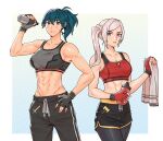 2_girls abs adapted_costume alluring alternate_hairstyle athletic_female biceps black_gloves black_pants black_shorts blue_eyes bottle byleth_(fire_emblem) byleth_(fire_emblem)_(female) cleavage edelgard_von_hresvelg female_abs female_focus fingerless_gloves fire_emblem fire_emblem:_three_houses fit_female gloves hand_on_own_hip high_res holding holding_bottle medium_breasts multiple_girls navel nintendo pants pantyhose pantyhose_under_shorts ponytail purple_eyes radiostarkiller red_gloves short_shorts shorts side_ponytail silver_hair sports_bra sweat teal_hair track_pants water_bottle