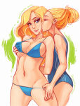 2_girls arms_behind_back bare_legs big_breasts bikini bikini_pull blonde_hair blue_bikini blue_eyes blue_swimsuit breast_grab breasts cheek_kiss cleavage closed_eyes couple duo earrings ehryel eyeshadow female_only grin half-closed_eyes head_tilt hoop_earrings jewelry kissing kissing_cheek legs lips lipstick long_hair looking_at_viewer love makeup multiple_girls mutual_yuri neck necklace one-piece_swimsuit original parted_lips pink_lipstick ponytail short_hair smile standing swimsuit thick_thighs thighs yuri