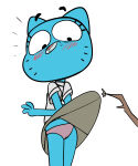 1girl 1girl absurd_res accident accidental_exposure anthro blue_body blue_fur blush bottomwear branch cartoon_network clothed clothing clothing_lift domestic_cat dr._pizza_boi embarrassed felid feline felis fur high_res inkershike mammal mature_anthro mature_female nicole_watterson panties simple_background skirt skirt_lift the_amazing_world_of_gumball underwear white_background wide_eyed