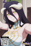 1girl 1girl 1girl ahoge albedo_(overlord) bangs bare_shoulders bed big_breasts black_hair black_wings blush breasts cleavage closed_mouth clothing demon_girl demon_horns detached_collar dress feathered_wings gloves hair_between_eyes horns littlehentai long_hair looking_at_viewer low_wings lying on_back on_bed overlord_(maruyama) pillow savitar savitar_(artist) slit_pupils smile very_long_hair white_dress white_gloves white_horns wings yellow_eyes