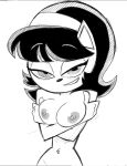 1girl 1girl 2021 accessory anthro black_hair black_nose blush breasts crossed_arms dr._pizza_boi felid fur green_eyes hair hair_accessory hairband half-closed_eyes inkershike inside kitty_katswell looking_at_viewer mammal narrowed_eyes navel nickelodeon nipples nude smile t.u.f.f._puppy