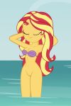 accurate_art_style beach belly belly_button bottomless bra breasts closed_eyes disney equestria_girls hasbro my_little_pony nudity ocean partial_nudity pussy seashell seashell_bra sunset_shimmer the_little_mermaid vulva water