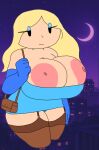  1girl areola bag big_areola big_breasts big_nipples blue_clothing blue_dress blue_elbow_gloves breasts breasts_out busty cassettedream city cleavage clothing digital_media_(artwork) dream-cassette dress elbow_gloves eyeshadow fanart female_only garter_straps gloves hoshime huge_areolae huge_breasts large_breasts legwear les_ratz light-skinned_female light_skin looking_at_viewer mob_face moon night night_sky nipple_slip nipples purse shortstack smile solo stockings tasha_wellington_(ratz) thick_thighs thighhighs upskirt wide_hips xilam yellow_hair 