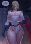 1girl 2025 2d 2d_(artwork) big_breasts blonde_female blonde_hair blonde_hair_female boinboinz breasts cross-popping_vein curvy curvy_figure dc_comics dialogue english english_dialogue english_text female high_res high_resolution huge_breasts kara_zor-el karen_starr power_girl raining solo superheroine superman_(series) text wet wet_clothes