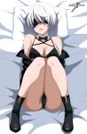 1girl 2b_(nier:automata) absurd_res alluring bed big_breasts blush embarrassed high_res indexryo nier:automata nier_(series) short_hair square_enix swimsuit yorha_2b yorha_no._2_type_b