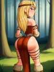 1girl ai_generated ass astrid_hofferson blonde_hair curvaceous dreamworks dress female_focus forest hourglass_figure how_to_train_your_dragon looking_back seductive seductive_eyes seductive_gaze seductive_look seductive_mouth seductive_pose seductive_smile voluptuous younger_female