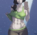 abs black_hair blush coffeeslice eyes_out_of_frame grey_skin holding_phone messy_hair selfpic shirt_lift wii_fit_trainer