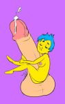  1girl 1girl 2024 arms barefoot blue_hair cum cumshot disney edit emotion eyebrows eyelashes feet female_only giant_penis hugging hugging_penis inside_out joy_(inside_out) kissing legs pink_nipples pixar pubic_hair purple_background sideboob yellow_skin 