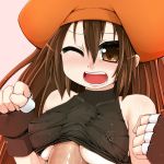 1girl arc_system_works blush brown_eyes brown_hair covered_nipples erect_nipples gloves guilty_gear hat long_hair may_(guilty_gear) one_eye_closed open_mouth paizuri paizuri_under_clothes penis pirate pirate_hat ponkotsu solo_focus uncensored wink