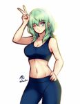 1girl abs alluring athletic_female big_breasts blue_eyes byleth_(fire_emblem) byleth_(fire_emblem)_(female) female_abs female_focus female_only fire_emblem fire_emblem:_three_houses fire_emblem_heroes fit_female green_hair grin leggings legs legwear long_hair peace_sign rotomdocs short_hair smile smiling_at_viewer sport sports sports_bra sports_uniform sportswear stomach tank_top thick_thighs wink yoga_pants