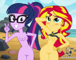 1girl 2_girls accurate_art_style beach drift_alladeriva edit equestria_girls female_only friendship_is_magic glasses my_little_pony nude nude_beach peace_sign pussy sci-twi screenshot_edit small_breasts sunset_shimmer tagme twilight_sparkle_(mlp) wide_hips