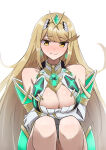 1girl absurd_res alluring amausa_subee bare_shoulders big_breasts blonde_hair blush cleavage cleavage_cutout clothing_cutout dress earrings high_res jewelry mythra nintendo short_dress simple_background star_(symbol) star_earrings white_background white_dress xenoblade_(series) xenoblade_chronicles_2 yellow_eyes