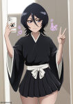 1girl 1girl black_hair bleach cellphone kimono kimono_skirt kuchiki_rukia miniskirt mistowing selfpic short_hair skirt smile v