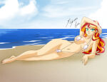 1girl aqua_eyes barefoot beach belly big_breasts blonde_hair breasts draw_me_like_one_of_your_french_girls equestria_girls friendship_is_magic hasbro humanized long_hair micro_bikini multicolored_hair my_little_pony navel nude_beach older older_female pinup red_hair seaside signature sling_bikini sunset_shimmer voluptuous young_adult young_adult_female young_adult_woman