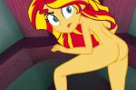 1girl ass blue_eyes breasts edit equestria_girls eyebrows eyelashes looking_at_viewer my_little_pony naked_female nude nude_female open_eyes open_mouth pussy qbert2kcat red_hair sideboob sunset_shimmer yellow_skin