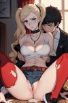 1boy 1girl ai_generated ann_takamaki blonde_hair blue_eyes cleavage couple cum dark_blue_hair morgana_(persona_5) persona_5 pussy