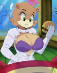 1girl 1girl 1girl artist_signature big_breasts bodysuit bra breasts breasts_out brown_body brown_fur brown_hair burger closed_mouth clothed dalley_le_alpha female_only flower furry furry_only gloves green_eyes helmet holding holding_burger holding_food holding_object krabby_patty krusty_krab looking_down nickelodeon no_nude sandy_cheeks short_hair spongebob_squarepants squirrel teeth two_tone_body underwater upper_teeth upper_teeth_only water wide_eyed zipper zipper_pull_tab