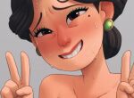 1girl 1girl 1girls biting_lip black_hair clavicle completely_nude completely_nude_female coolerinker disney double_v eye_contact female_only full-face_blush inker_comics inkershike looking_at_viewer mature_female milf ming_lee mole mole_under_eye nude nude_female pixar short_hair solo_female sweat turning_red v_sign