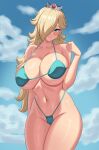 1girl alluring big_breasts bikini blonde_hair blue_bikini brokencog cogbrony hair_over_one_eye mario_(series) navel nintendo pin_up princess_rosalina rosalina super_mario_bros. thong