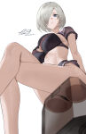 1girl 1girl 2b_(nier:automata) :o alluring artist_name ass bare_legs big_breasts black_bra black_panties blue_eyes bra commentary cross feet_out_of_frame from_below grey_hair hair_over_one_eye high_res legs mole mole_under_mouth nier:automata nier_(series) one_eye_covered panties salmon88 short_hair sitting square_enix stomach underwear white_background yorha_2b yorha_no._2_type_b